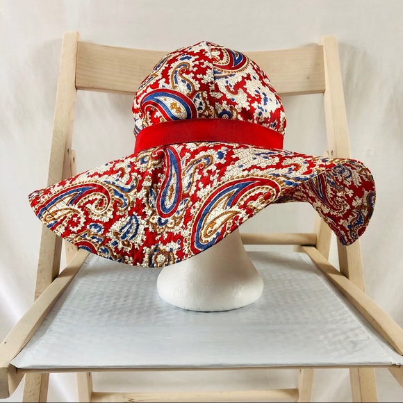 Vintage 60s Madcaps New York Paris Red Paisley Floppy Hat with Red Ribbon Small - Picture 2 of 12